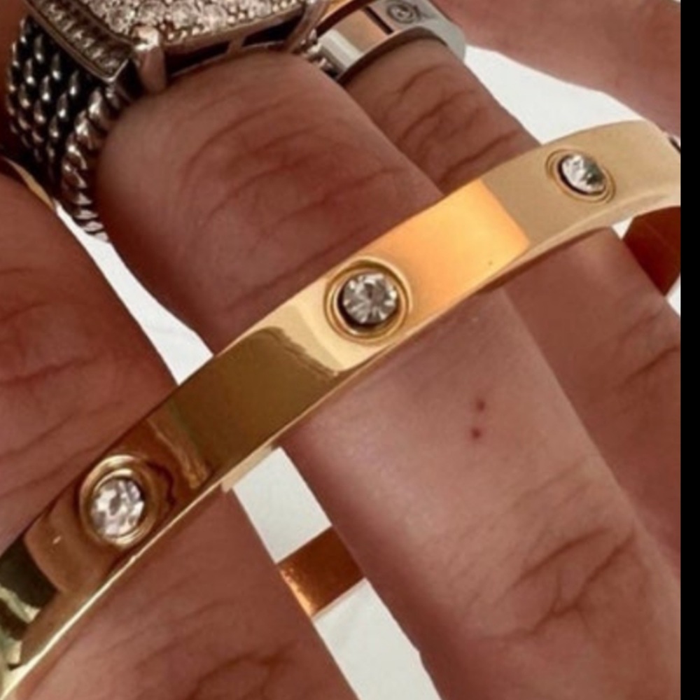 New! 18K Gold EP Hinged Bangle Bracelet High Shine Gold Finish inlay stones